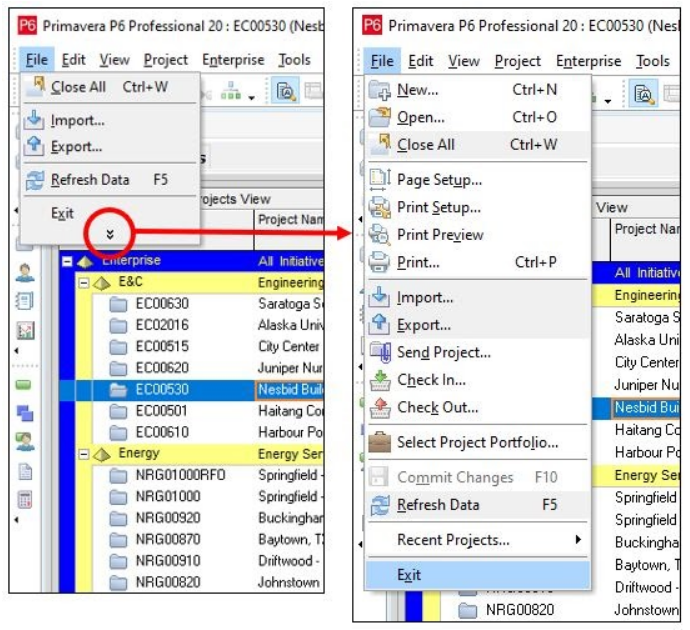 Oracle Primavera P6 Project Management Software with dropdown menus showing recent items